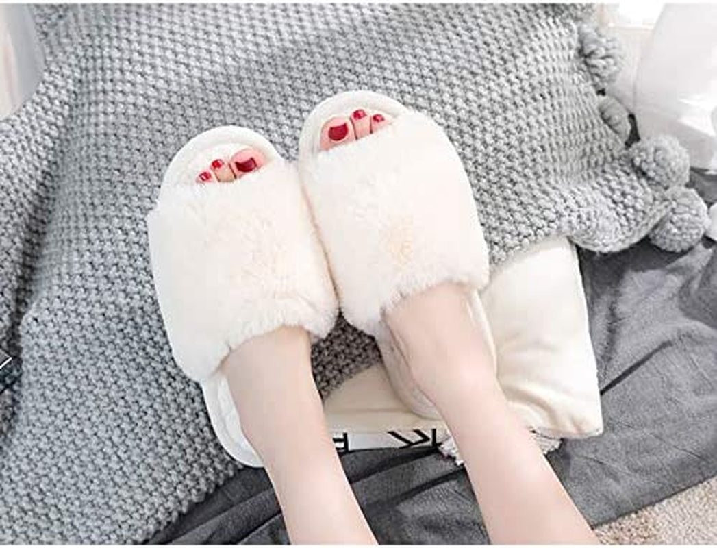 Women'S Fuzzy Fur Flat Slippers Soft Open Toe House Slippers Memory Foam Sandals Slides Home Slippers for Girls Men Indoor Outdoor