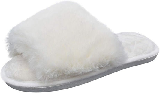 Women'S Fuzzy Fur Flat Slippers Soft Open Toe House Slippers Memory Foam Sandals Slides Home Slippers for Girls Men Indoor Outdoor