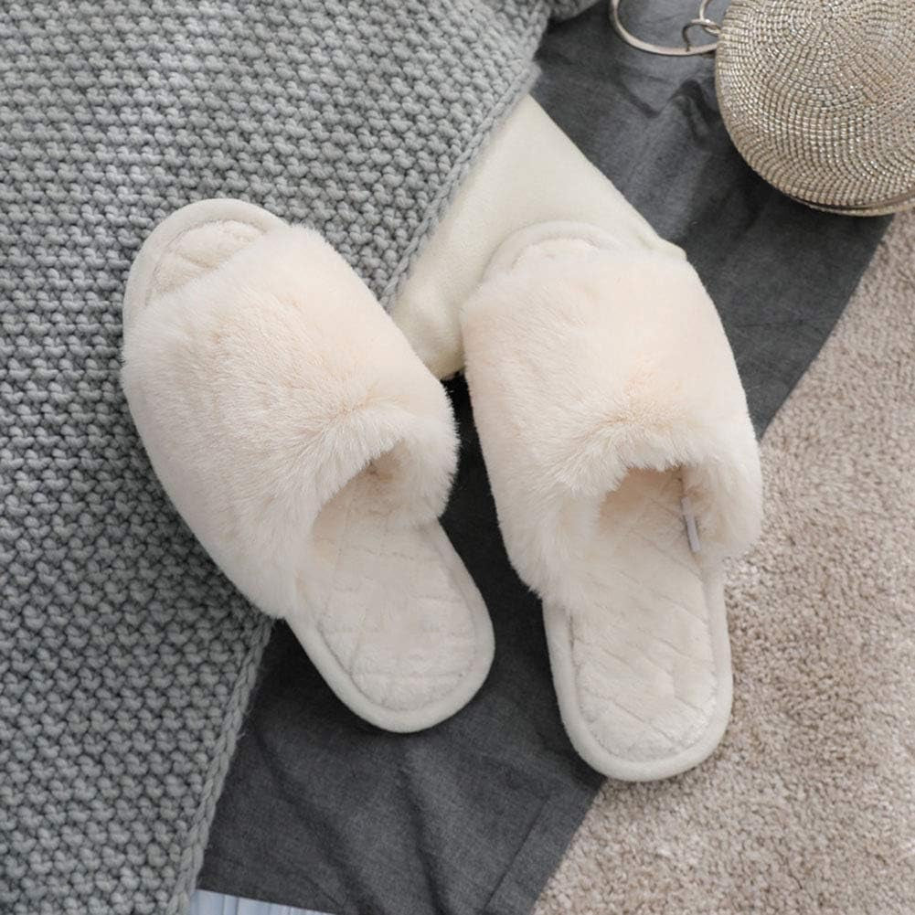 Women'S Fuzzy Fur Flat Slippers Soft Open Toe House Slippers Memory Foam Sandals Slides Home Slippers for Girls Men Indoor Outdoor