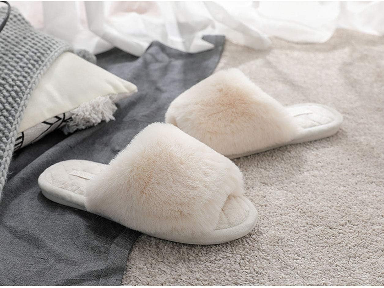 Women'S Fuzzy Fur Flat Slippers Soft Open Toe House Slippers Memory Foam Sandals Slides Home Slippers for Girls Men Indoor Outdoor