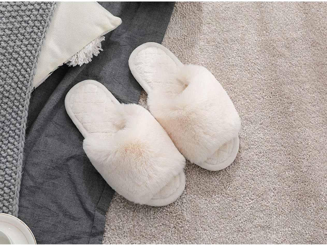 Women'S Fuzzy Fur Flat Slippers Soft Open Toe House Slippers Memory Foam Sandals Slides Home Slippers for Girls Men Indoor Outdoor